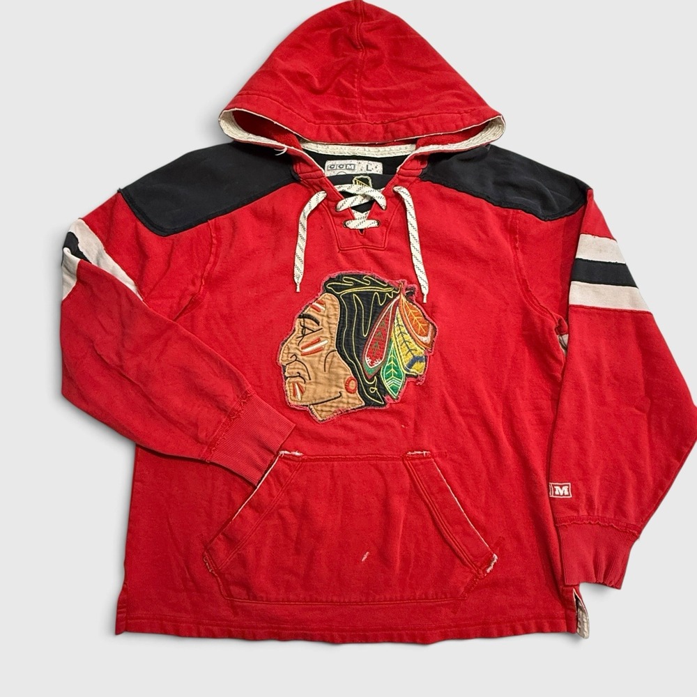 Chicago Blackhawks Hoodie Sweatshirt Red Lace Up Embroidered CCM Y2K Men's Large